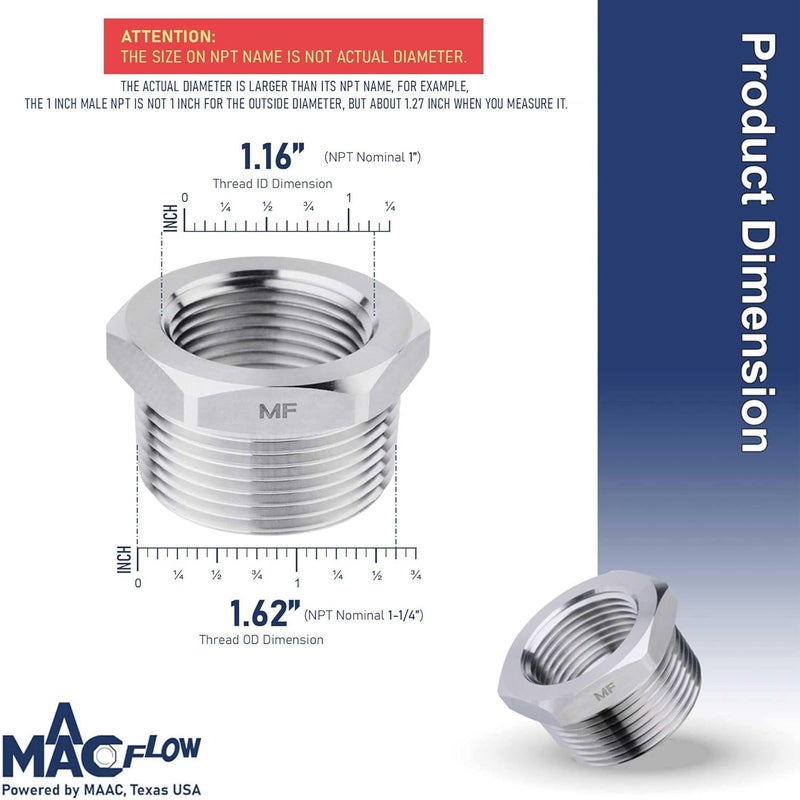 MAACFLOW Stainless Steel 1-1/4" Male NPT to 1" Female NPT Adapter Reducer Hex Bushing (Thread OD 1.62"- ID 1.16") (Pack of 1) - Image 2